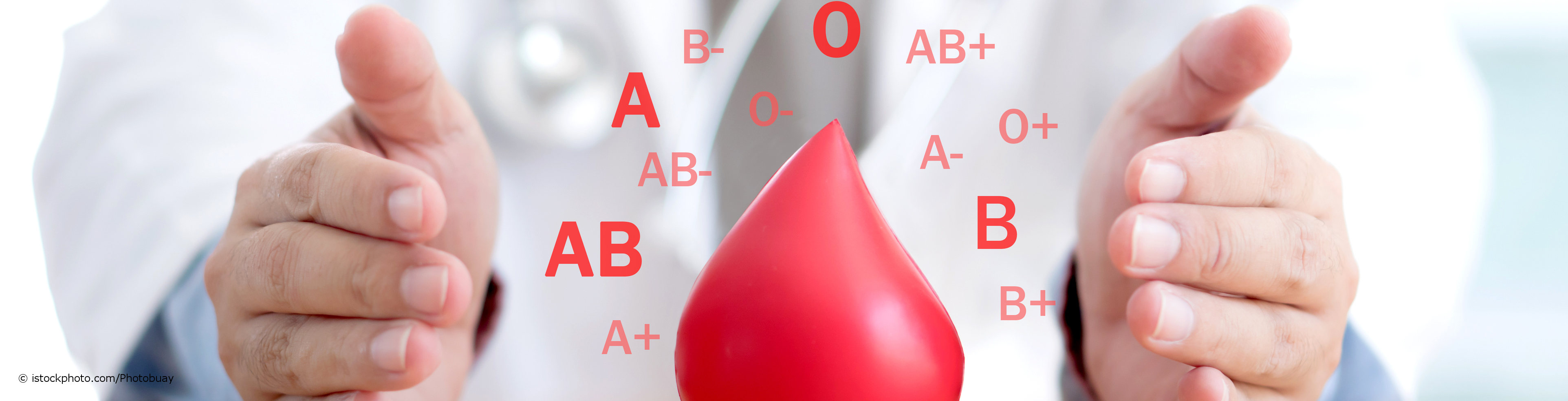Transfusionsmediziner umschließt mit seinen Händen ein Modell eines Blutstropfens, der von Blutgruppen (A, B, AB, 0 und Rhesusfaktoren (+-) umgeben ist.